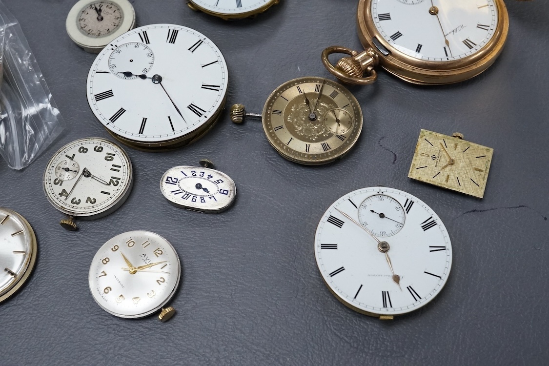 A gold plated Waltham hunter keyless pocket watch, with Roman dal and subsidiary seconds, case diameter 50mm, together with a group of wrist pocket and fob watch movements, etc.